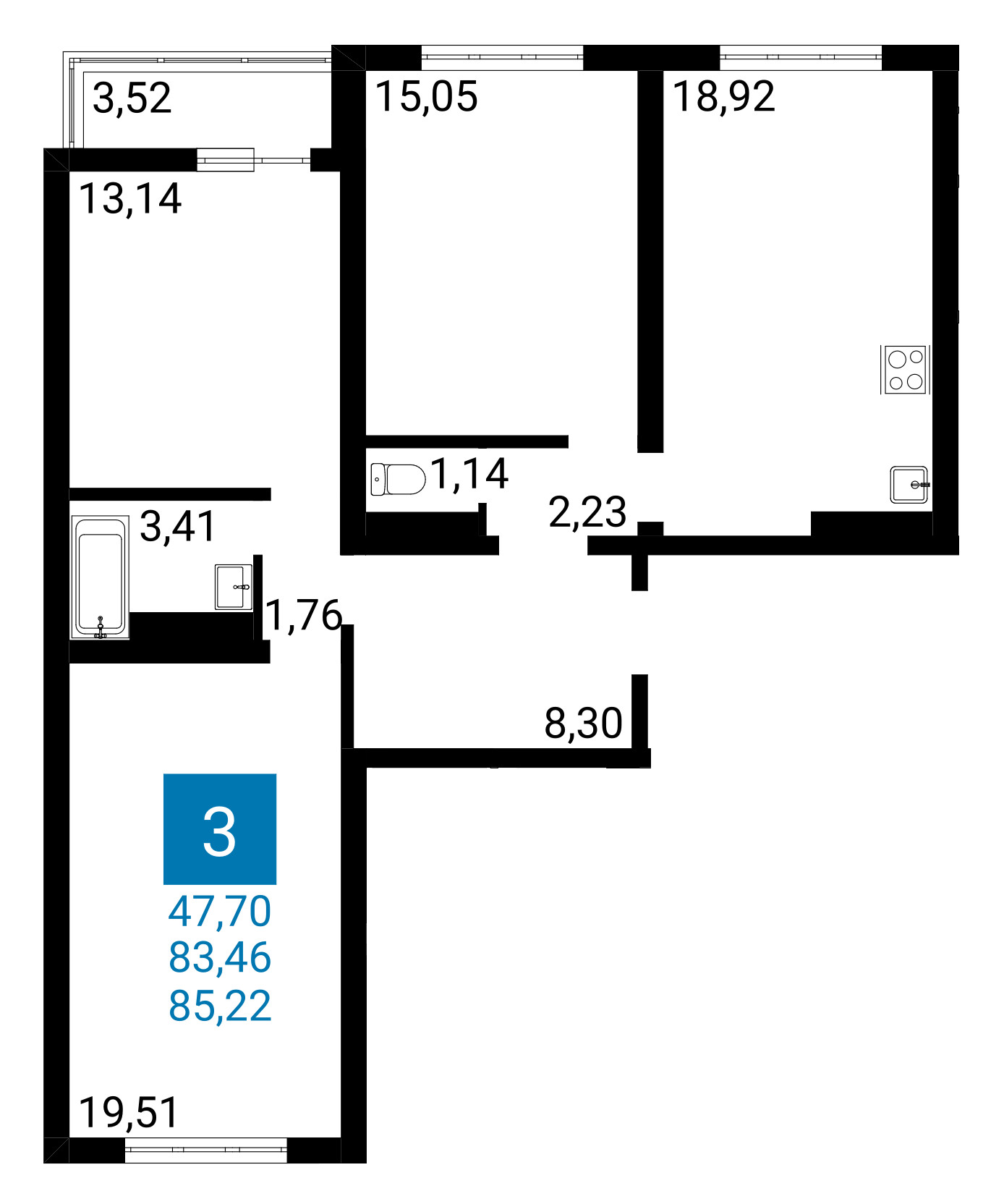 Планировка: 3-комнатная квартира 83,46 м² в Анапе, ЖК Горгиппия Морская
