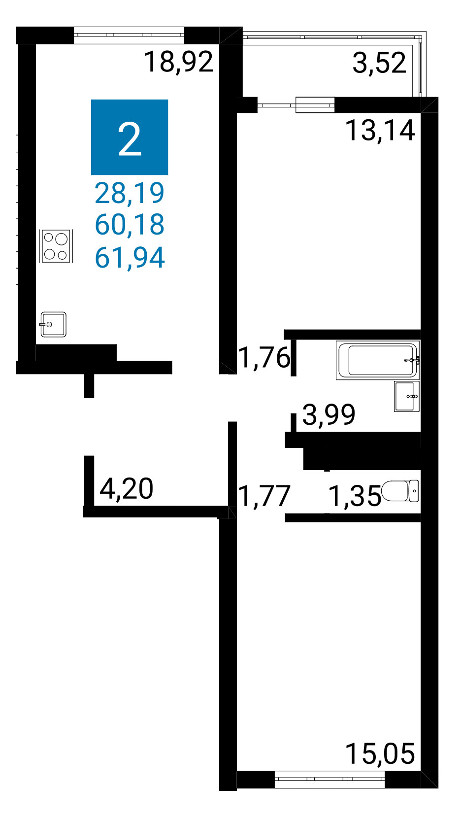 Планировка: 2-комнатная квартира 60,18 м² в Анапе, ЖК Горгиппия Морская