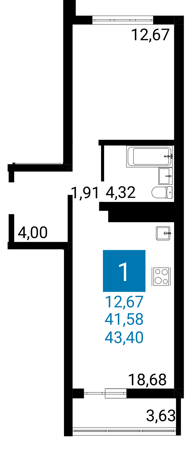 Планировка: 1-комнатная квартира 41,58 м² в Анапе, ЖК Горгиппия Морская