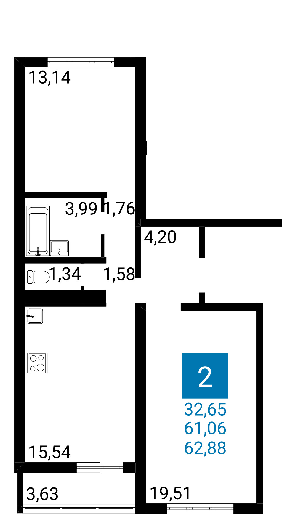 Планировка: 2-комнатная квартира 61,06 м² в Анапе, ЖК Горгиппия Морская