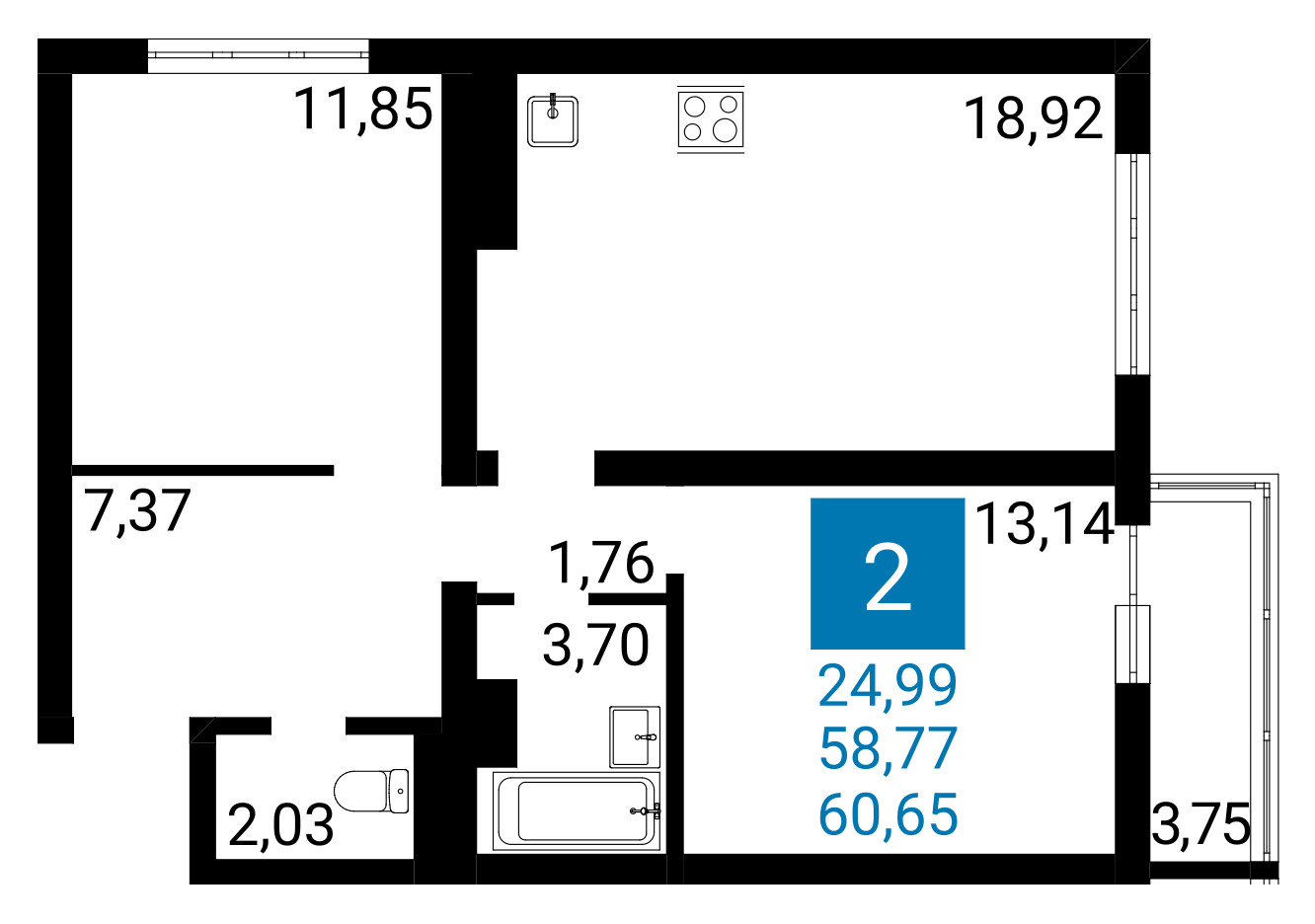 Планировка: 2-комнатная квартира 58,77 м² в Анапе, ЖК Горгиппия Морская