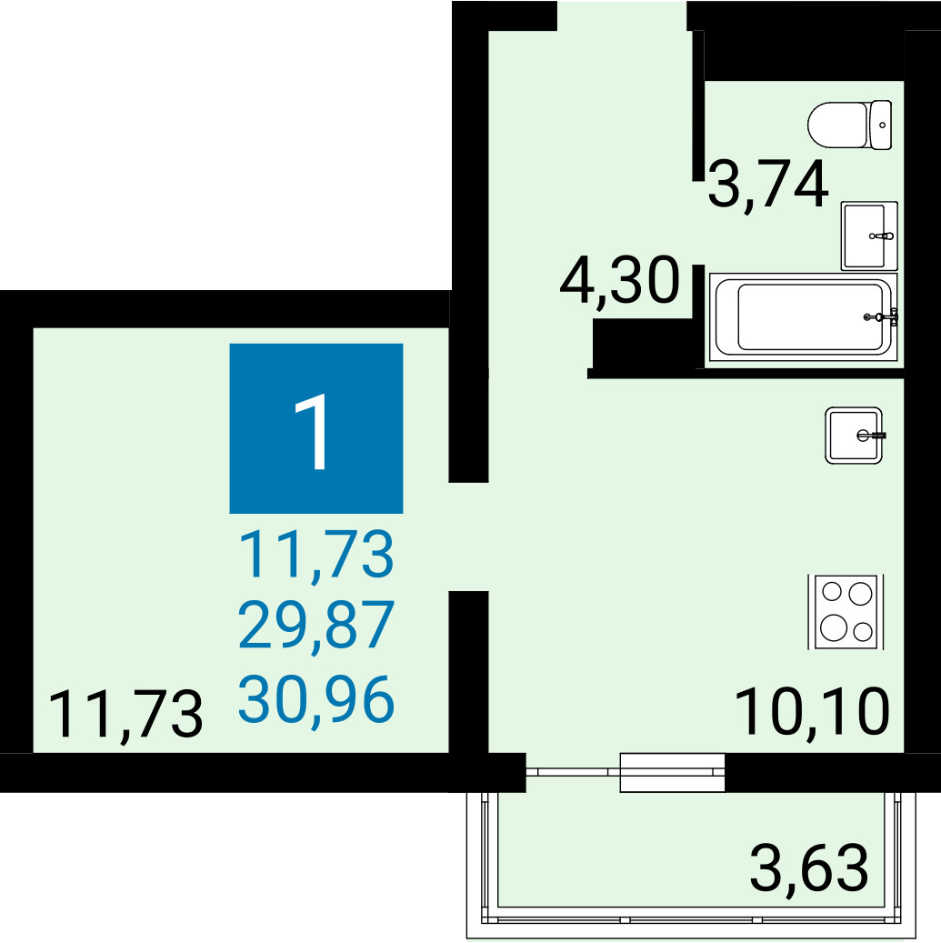 Планировка: 1-комнатная квартира 29,87 м² в Анапе, ЖК Горгиппия Морская