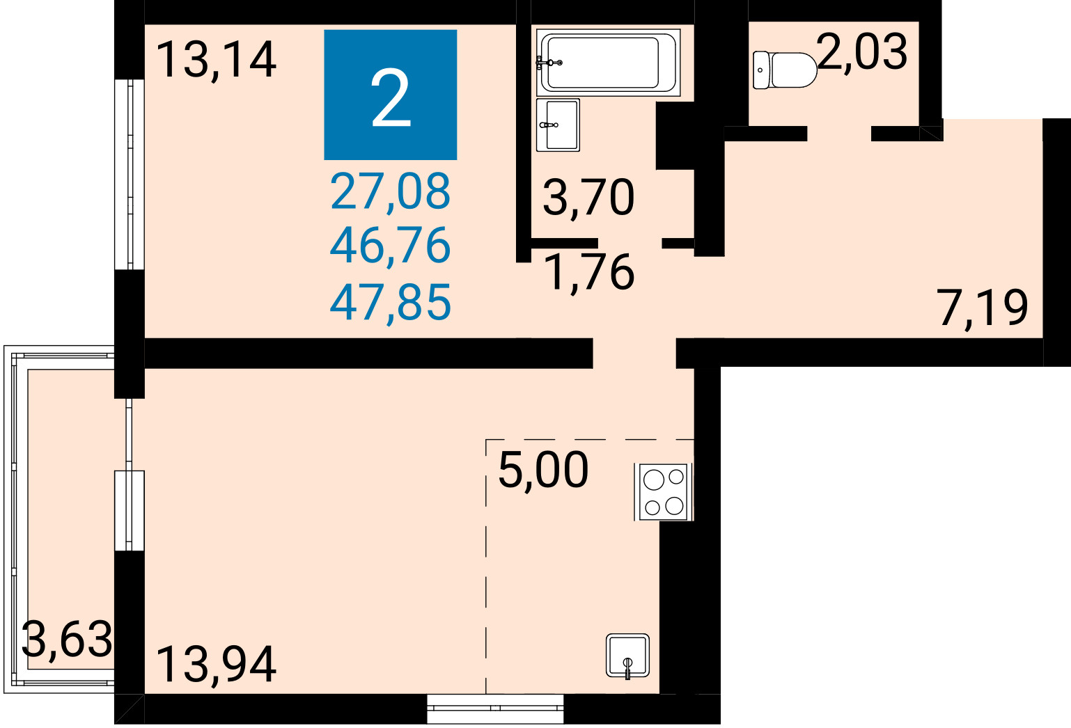 Планировка: Евро-двухкомнатная квартира 46,76 м² в Анапе, ЖК Горгиппия Морская
