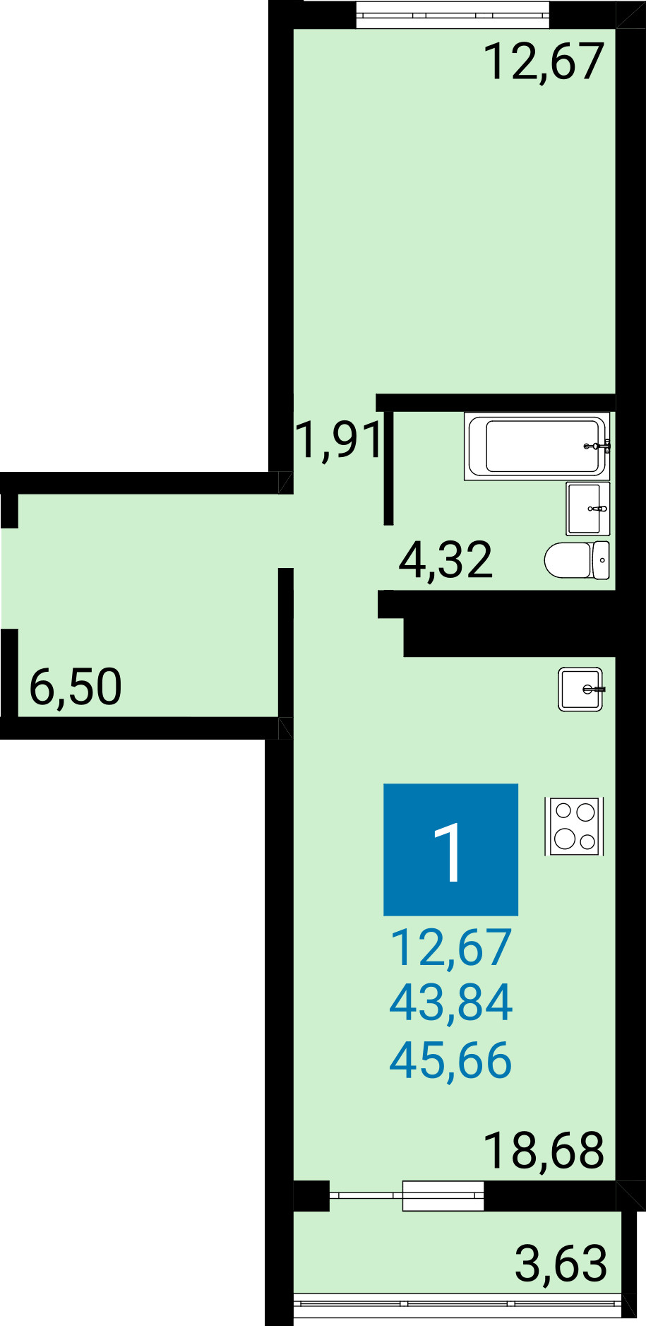 Планировка: 1-комнатная квартира 43,84 м² в Анапе, ЖК Горгиппия Морская