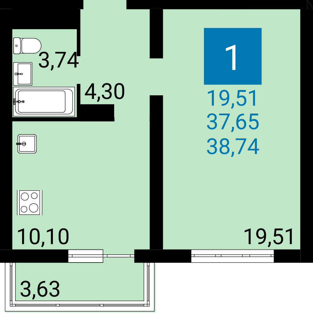 Планировка: 1-комнатная квартира 37,65 м² в Анапе, ЖК Горгиппия Морская