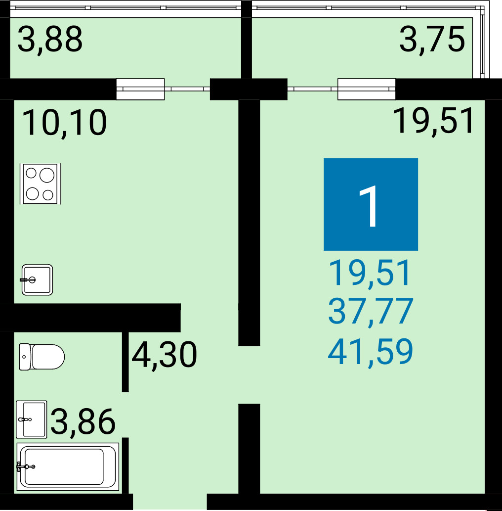 Планировка: 1-комнатная квартира 37,77 м² в Анапе, ЖК Горгиппия Морская