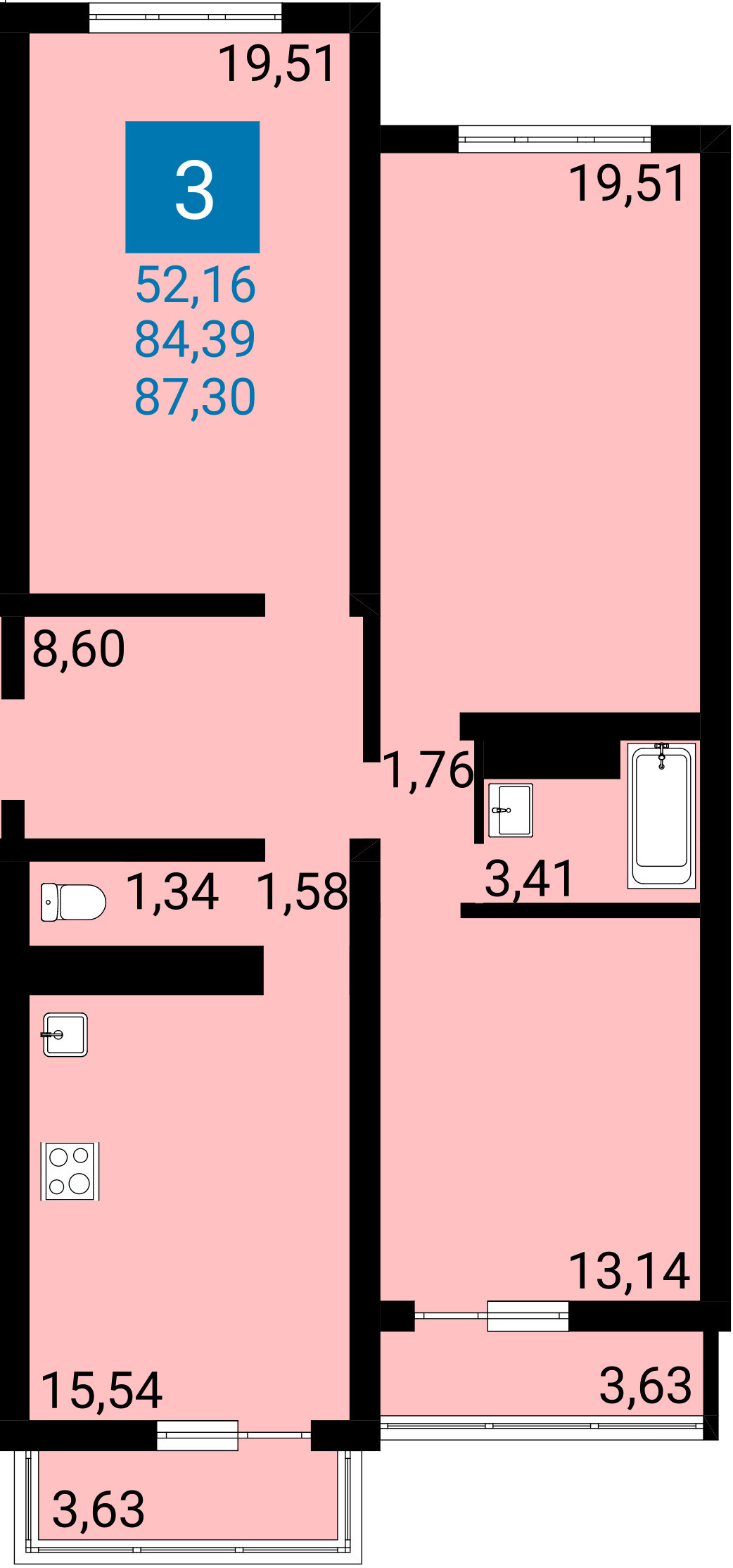 Планировка: 3-комнатная квартира 84,39 м² в Анапе, ЖК Горгиппия Морская