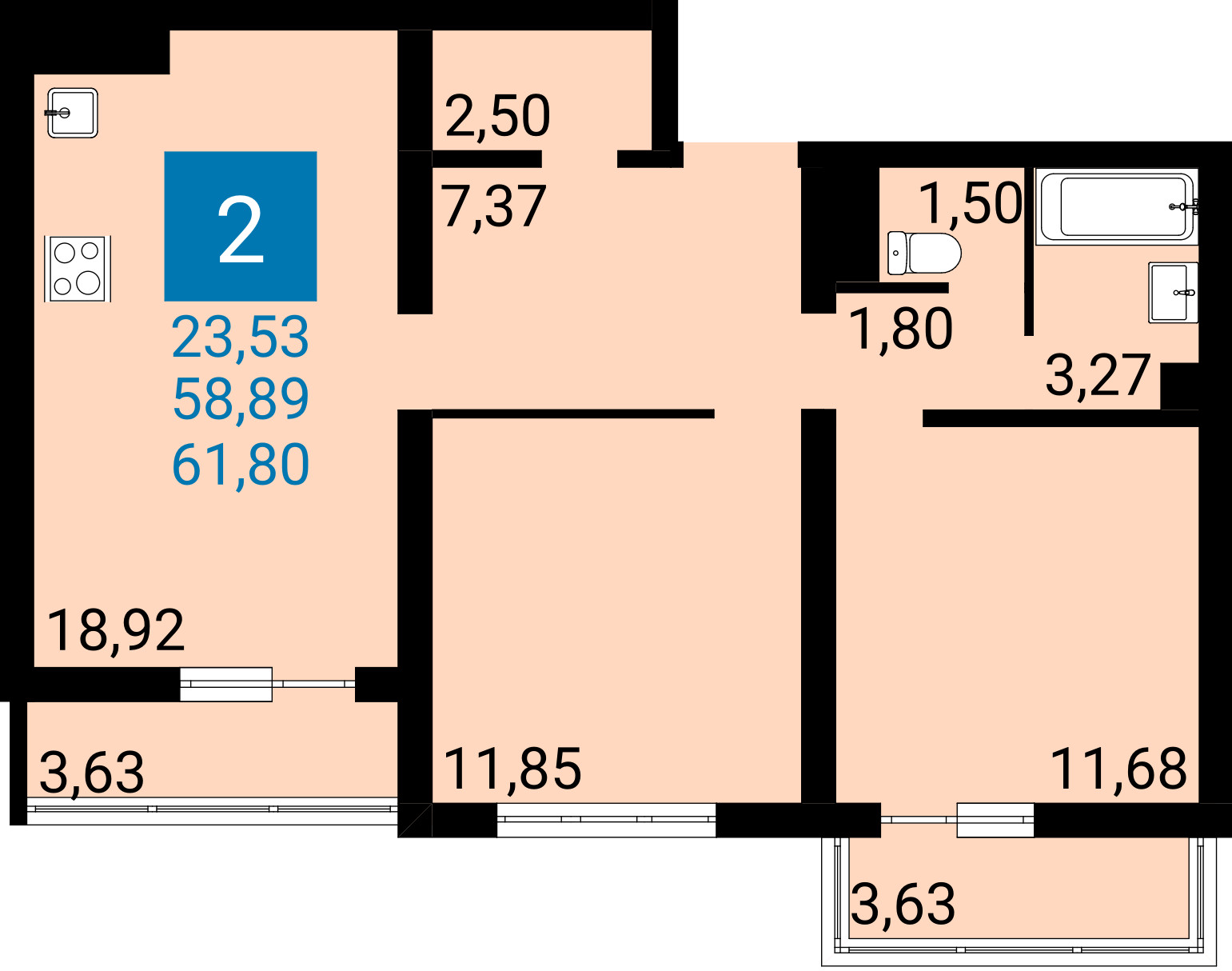 Планировка: 2-комнатная квартира 58,89 м² в Анапе, ЖК Горгиппия Морская