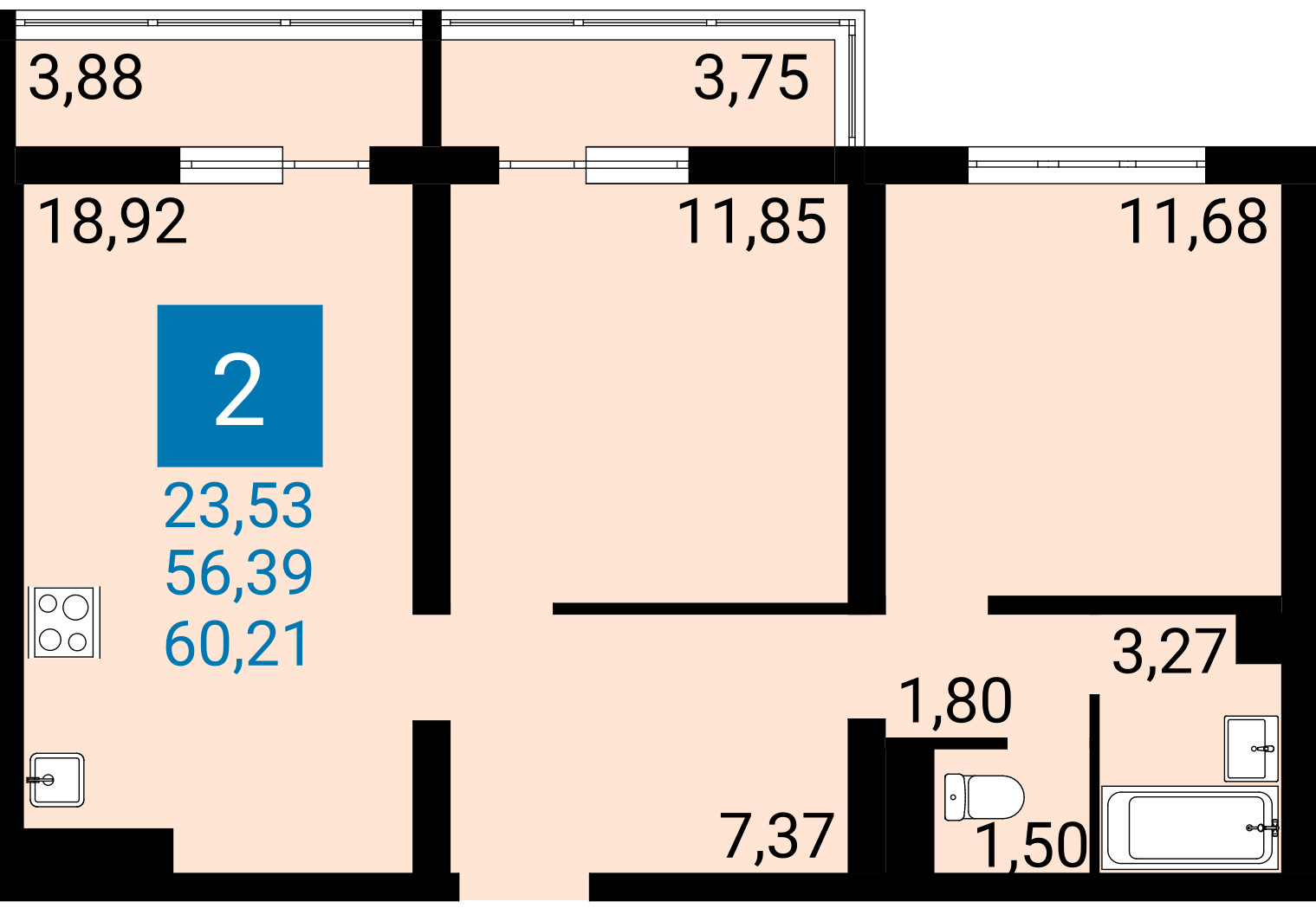 Планировка: 2-комнатная квартира 56,39 м² в Анапе, ЖК Горгиппия Морская