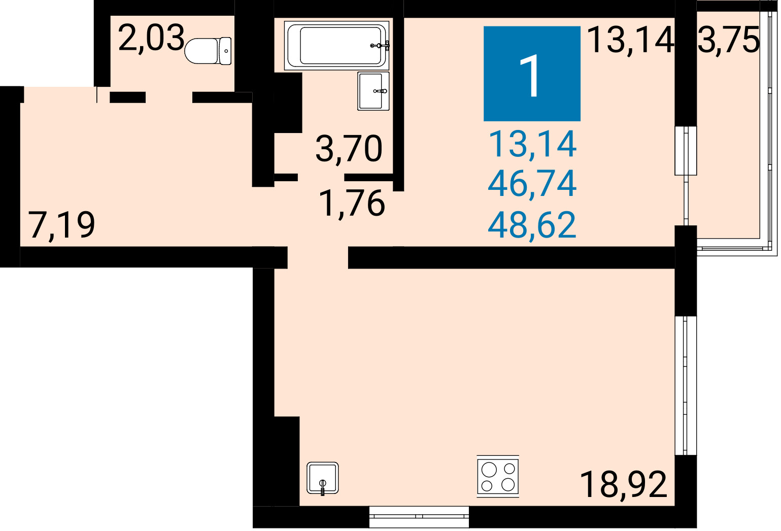 Планировка: 1-комнатная квартира 46,74 м² в Анапе, ЖК Горгиппия Морская